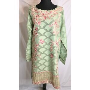 NWT Bonanza Satrangi Sheer Embroidered Dress Women's Size 12 Green Pink Beaded